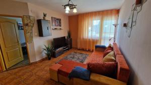 ein Wohnzimmer mit einem Sofa und einem TV in der Unterkunft Epreskert Apartman in Nyíregyháza