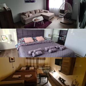 Duas fotografias de um quarto com uma cama e uma sala de estar em Grey & Sunny Apartments Zaječar em Zaječar
