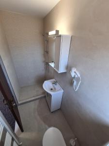 uma casa de banho com um WC branco e um lavatório. em king em Baile Felix