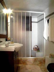 een badkamer met een douche en een wastafel bij Archontiko Stafylopati in Makrinítsa