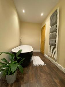 a bathroom with a bath tub and a plant at The Cob House. in Ifton Heath