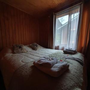 a bedroom with a bed with a large window at Cabañas El Maiten in Puerto Guadal