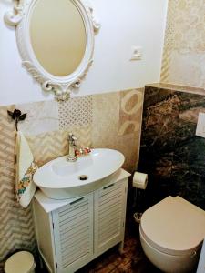 a bathroom with a sink and a toilet and a mirror at Vintage Residence Dramalj, pool self-use in Dramalj