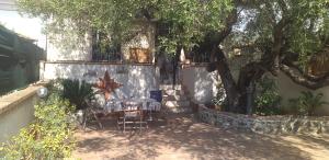 a patio with a table and chairs under a tree at Villa dei Focesi in Ascea