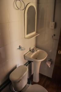 a bathroom with a sink and a toilet and a mirror at Altas Cumbres Penitentes in Los Penitentes