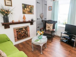 a living room with a green couch and a fireplace at Beas Cottage in Highpeak Junction
