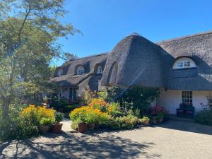 a house with a thatched roof with potted plants at Weir Haven Boutique Accommodation in Clarinbridge