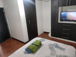 a bedroom with a bed and a flat screen tv at Zidko Guest House in Ibarra
