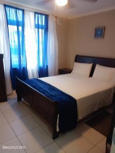 a bedroom with a large bed with blue curtains at Royal Exquisite Deluxe B&B in Kingston