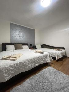 a bedroom with two beds with white sheets and a rug at Pro arte in Kladovo