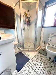 a bathroom with a shower and a toilet and a sink at Hill Haven in Brisbane