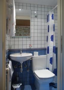 a blue and white bathroom with a toilet and a sink at Oihalia Guesthouse in Fidhákia