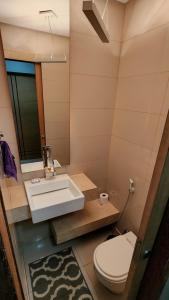 W łazience znajduje się umywalka, toaleta i lustro. w obiekcie Nader Home's - 3 quartos Laranjeiras w mieście Rio de Janeiro