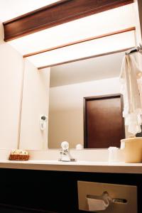a bathroom with a sink and a mirror at Quincy INN and Suites in Quincy
