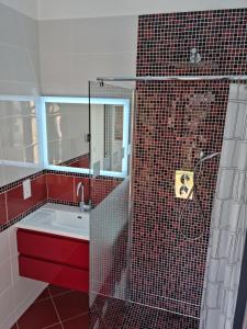 La salle de bains est pourvue de carrelage rouge, d'un lavabo et d'une douche. dans l'établissement Longère rénovée sur les hauteurs de Perros-Guirec, à Perros-Guirec