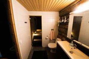 a small bathroom with a toilet and a sink at Rukankuukkeli b13 in Kuusamo