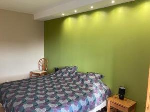 - une chambre avec un lit et un mur vert dans l'établissement Gîte de la côte à Autreville sur Moselle, à Autreville-sur-Moselle