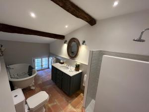 a bathroom with a sink and a toilet and a mirror at Pretty Historical Village House in Grimaud +32 photos