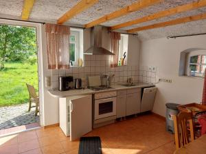 una cocina con fregadero y estufa en Fewo Leezdorf, en Leezdorf