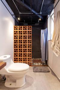 y baño con aseo y ducha. en Full Apartment in the Heart of Roma Neighborhood, en Ciudad de México