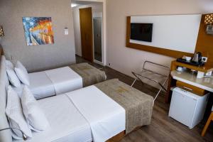 a hotel room with two beds and a television at Selçuk Hotel in Konya