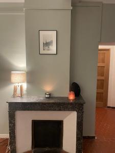 una chimenea en la sala de estar con una foto en la pared en L'Adrion, en Draguignan