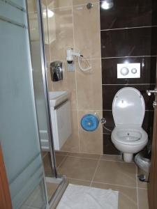 a small bathroom with a toilet and a shower at Nisan Hill Hotel in Kizkalesi