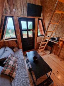 ein Wohnzimmer mit einem Sofa, einem Tisch und einer Leiter in der Unterkunft A Pine vikendica u srcu Zapadne Srbije in Nova Varoš