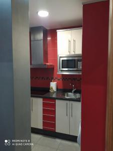 cocina roja con fregadero y microondas en Apartamento Nerpio, en Nerpio