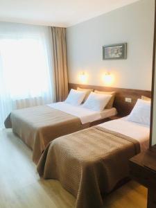 2 łóżka w pokoju hotelowym obok okna w obiekcie Fortuna Cottage Bakuriani w mieście Bakuriani