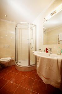 W łazience znajduje się prysznic, umywalka i toaleta. w obiekcie Hotel Grafenwirt w mieście Wagrain