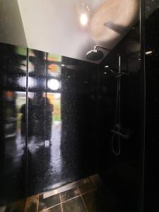 a bathroom with a shower with a black wall at Greenacres Glamping in Lea +40 photos