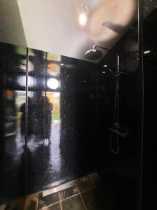 a bathroom with a shower with a black wall at Greenacres Glamping in Lea