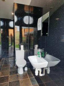 a bathroom with a toilet and a sink at Greenacres Glamping in Lea