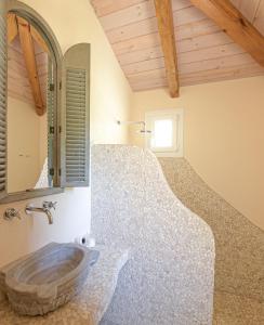 y baño con lavabo de piedra y espejo. en Olive Hill en Elevtheraí