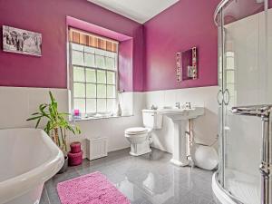 baño con paredes de color púrpura, lavabo y aseo en Gweek House, en Helston 39 fotos más