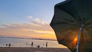 a group of people on a beach with an umbrella at Afecto in San Gregorio de Polanco