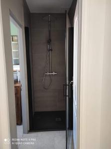 a shower in a bathroom with a glass door at Cottage Chaleureux tout équipé climatisé à Jacou in Montpellier