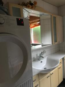 a washing machine in a bathroom with a sink at Fewo Alpenvorland in Peißenberg