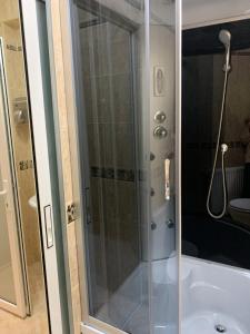 La salle de bains est pourvue d'une douche avec une porte en verre. dans l'établissement Pensiune Restaurant Piatra Craiului, à Dîmbovicioara