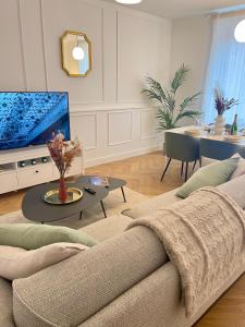 a living room with a couch and a tv at JungleClassic en plein cœur de Mulhouse in Mulhouse