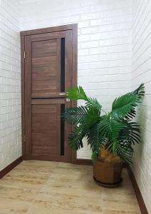 uma planta em um pote na frente de uma porta em Уютная квартира в г.Алматы em Almaty