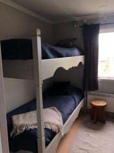 2 Etagenbetten in einem Zimmer mit Fenster in der Unterkunft Fjällgården Grövelsjön Lillstugan 