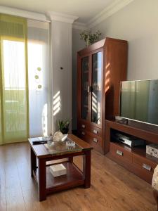 sala de estar con mesa de centro y TV de pantalla plana en Ático gran manzana granada, en Granada