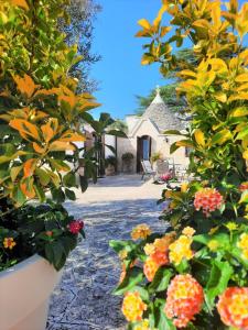 a garden with flowers in front of a house at Trullo Leone in Martina Franca