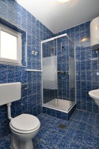 y baño de azulejos azules con aseo y ducha. en Apartments Marija - Maslenica en Maslenica