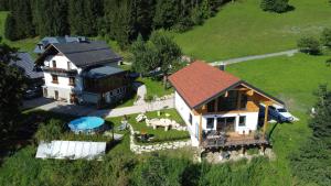 uma vista aérea de uma casa com um cavalo em Ferienhaus Oberschindlberg em Lunz am See