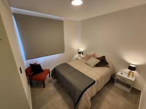 1 dormitorio pequeño con 1 cama y 1 silla roja en Mendoza Chill en Mendoza