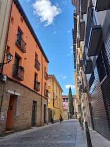 a person walking down a street between two buildings at Casa MILA , Centro Histórico in Logroño