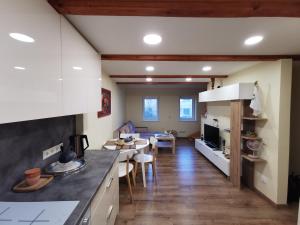 eine Küche und ein Wohnzimmer mit einer Theke und einem Tisch in der Unterkunft Nostalgija2 in Nida